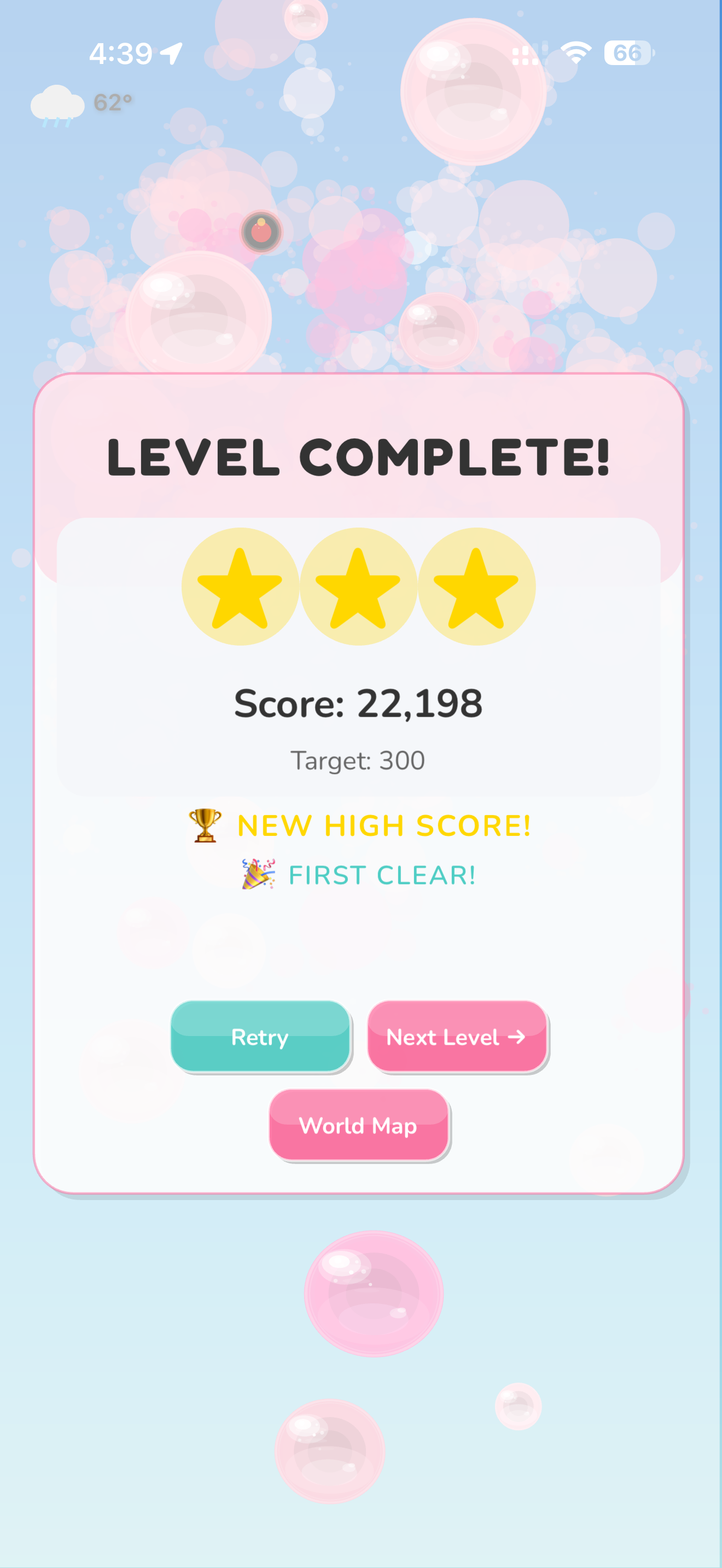 Splat gameplay showing colorful bubbles floating across a pastel sky